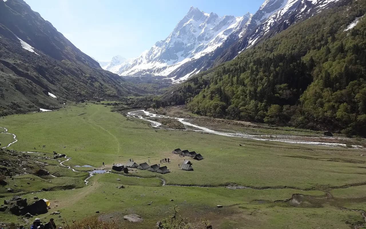 A tent camp in a Himalayan valley