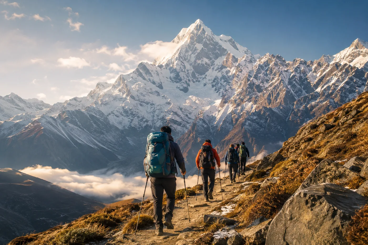 Trekkers following a mountain trail toward a snow-covered Himalayan summit