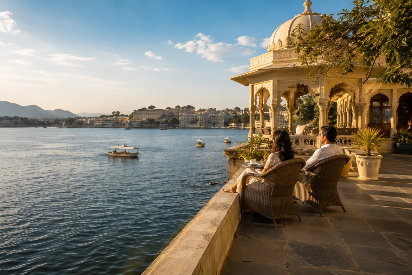 Travellers relaxing on a heritage terrace overlooking a lake